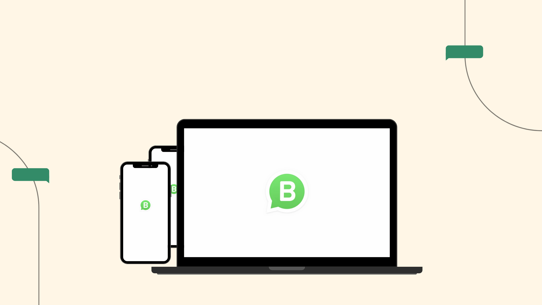 Graphic of a laptop and two smartphones next to it on a beige background. All displaying the WhatsApp Business logo.