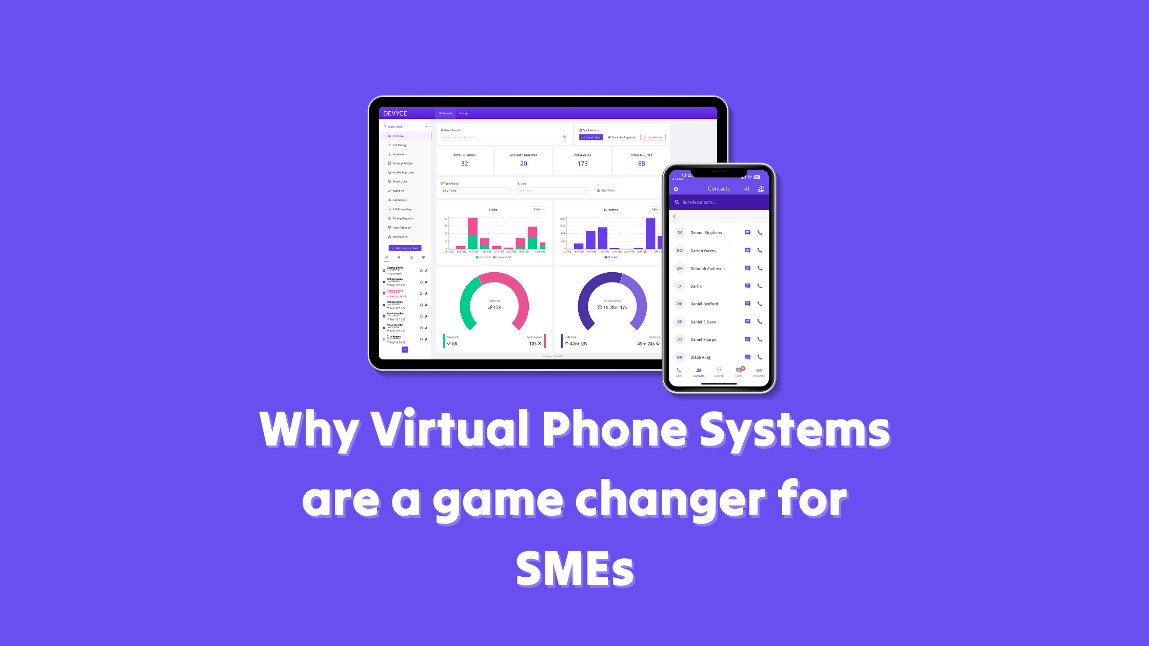 Why virtual phone systems are a game changer with a picture of an ipad showing a management portal dashboard and a smartphone with call history screen showing
