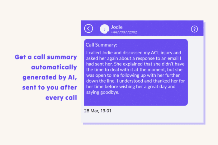 Screenshot of a call summary text message
